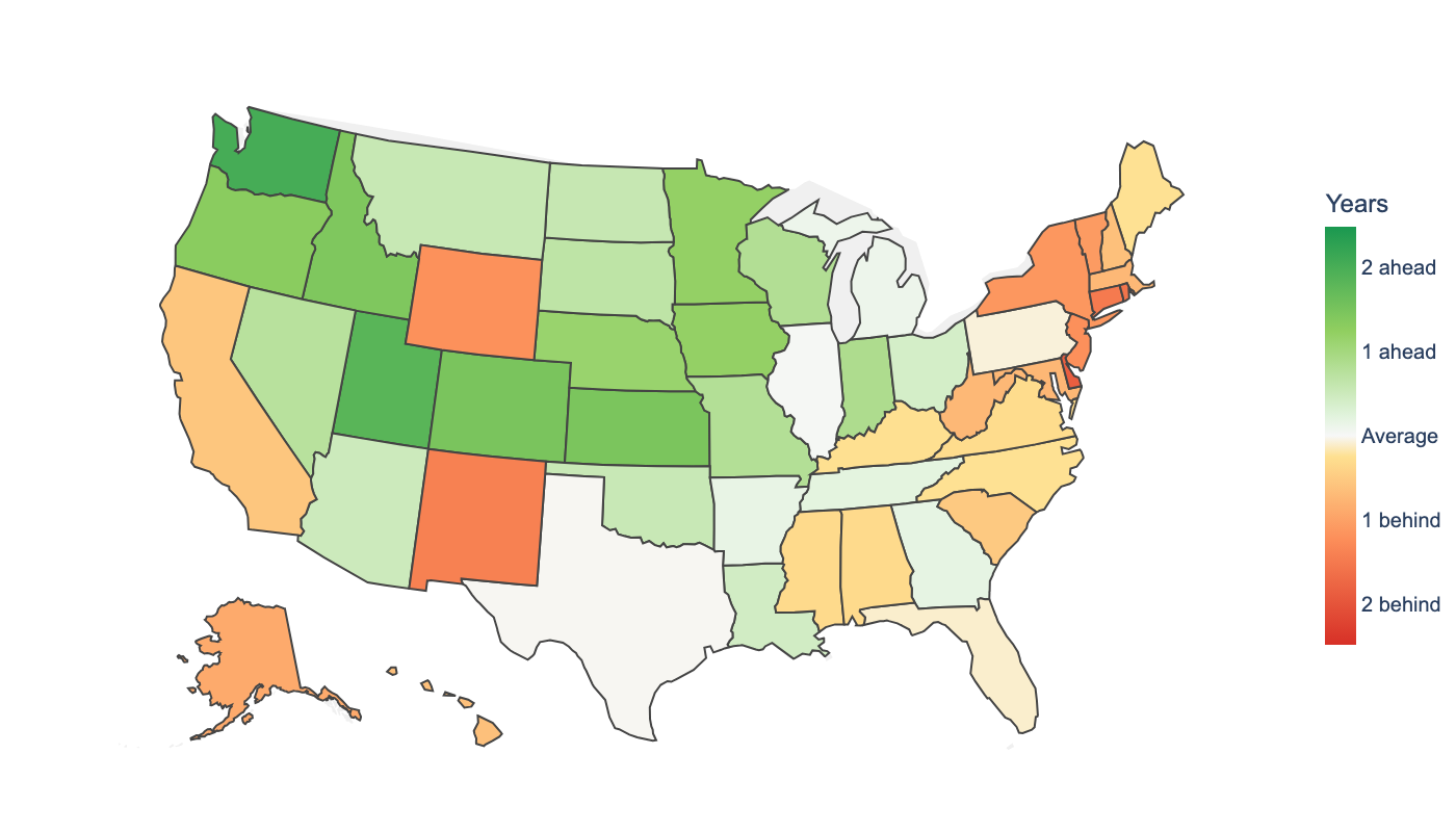 US map of trendsetter scores by state — Mountain West and Pacific Northwest states lead national name trends, Northeast corridor states lag